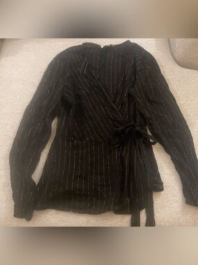 Black Wrap Blouse with Subtle Gold Pinstripes